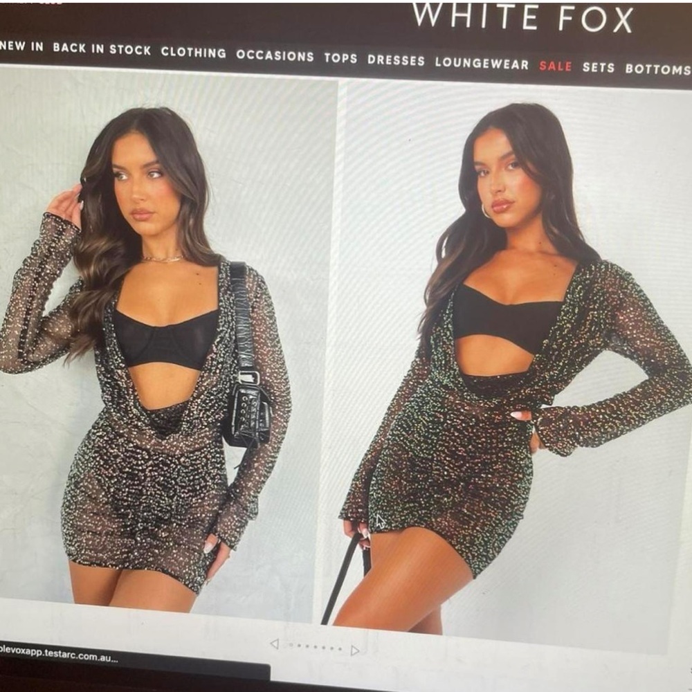 White Fox Boutique Iridescent Sequin Mini Dress with Black Bralette